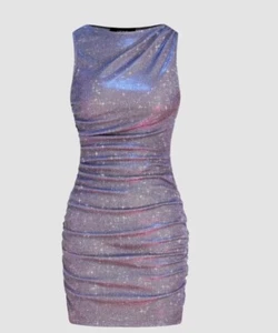 STAR GLITTER RUCHED MINI DRESS Cinder Size - Picture 1 of 4