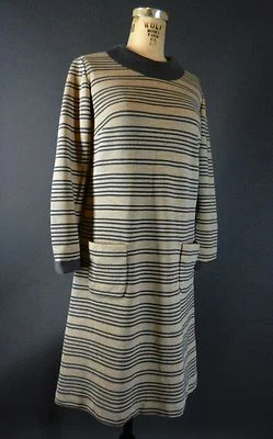 Vintage 60s 70s Mod Leslie Fay Stripe Stright Patch Pocket Knit Sweater Dress M - Image 1 of 4