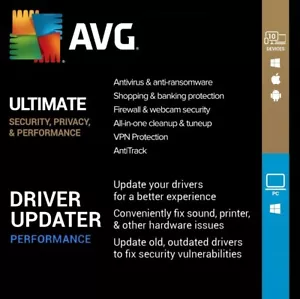 AVG Bundle 2024 - Ultimate 10 Devices, 2 Years + Driver Updater 3 PCs, 2 Years - Picture 1 of 7