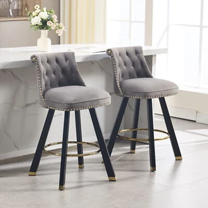 2 Set Upholstered Velvet Swivel Bar Stools 25.59" Counter Height Barstools Gray - Picture 1 of 12