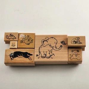 7 Wooden Mounted Rubber Stamps Bear Cat Elephant & Mouse Themed Vintage - Picture 1 of 20