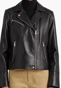 Veste en cuir motard noir véritable Lauren Ralph Lauren valeur 600 $ femme taille 2XL - Photo 1/13