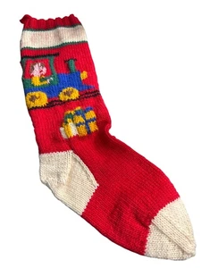 Handmade Knit Christmas Stocking With Train Design - Red White & Multicolor - Picture 1 of 6