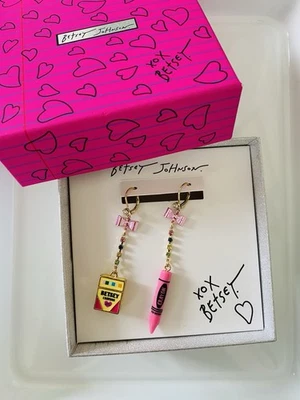 Betsey Johnson Back To School Pink Bow Crayon Box Mismatch Drop Earrings NEW IOB - Image 1 of 4