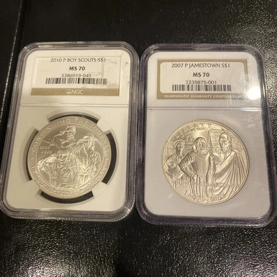 Lot of 2 Commemorative: 2007 Jamestown & 2010 Boy Scouts Silver Dollars NGC MS70 - Image 1 of 4