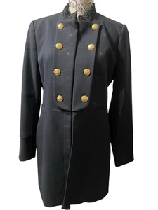 ZARA Sz L navy Military Blazer Coat w/ collar detail gold buttons Jacket long - Picture 1 of 12