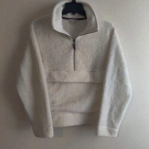Maglione LL Bean Signature donna taglia M pelliccia di orsacchiotto 1/2 zip tasca beige pullover - Foto 1 di 13