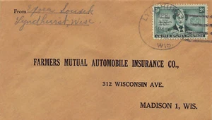 Wisconsin Cover 1949 LYNDHURST to Farmers Mutual Auto Ins Madison - Sousek - Picture 1 of 3