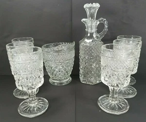 8 Anchor Hocking Wexford 1 Cruet 1 Creamer 6 Wine Glasses Stemmed Cortial 4.5" - Picture 1 of 6