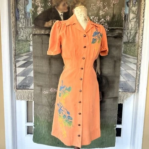 Vintage 1940s Rust Rayon Hawaiian Dress Hand Painted Rainbow Floral Sportswear - Picture 1 of 17