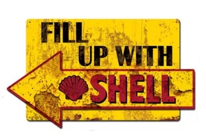 FILL UP WITH SHELL CLAM SHELL 29" HEAVY DUTY USA MADE 3D METAL AGED ADV SIGN - Picture 1 of 1
