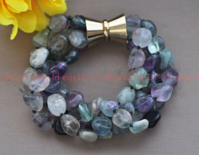 4 Rows Multi-Color 8-10mm Natural Fluorite Irregular Freeform Gemstone Bracelet - Image 1 of 4