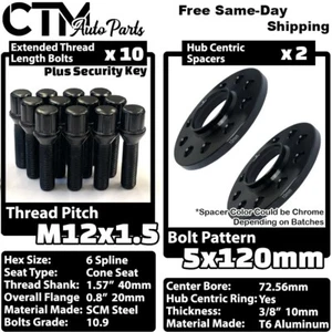 2x 10mm Thick 5x120 72.56mm CB Wheel Spacer Kit Black 12x1.5 Spline Bolt Fit BMW - Picture 1 of 9