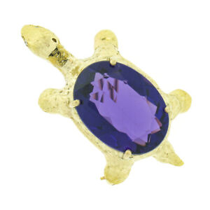 Vintage 14k Yellow Gold 11ct Oval Amethyst Diamond Turtle Tortoise Pin Brooch