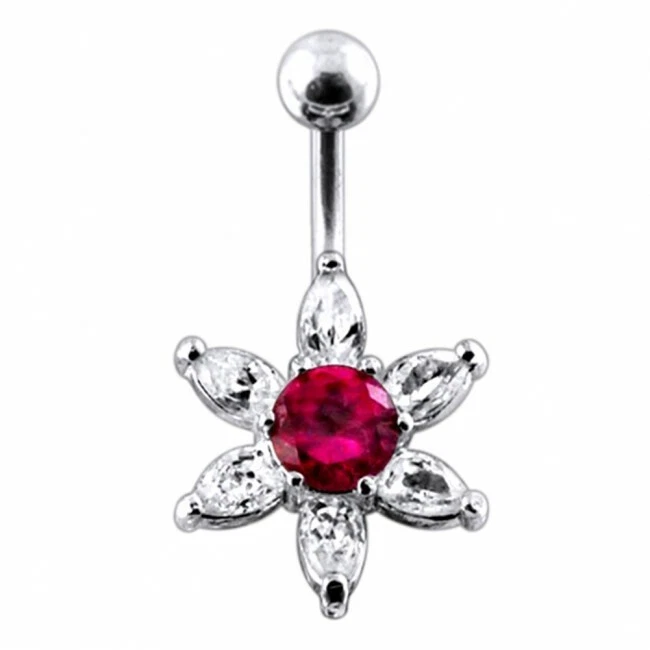 Sterling Silver Dark Pink  Clear Crystal Flower Belly Bar 8mm Size - Image 1 of 1