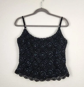 JS Collections Womens Black Beaded Crochet Crop Top Tank Size L Festival Silk - Picture 1 of 9