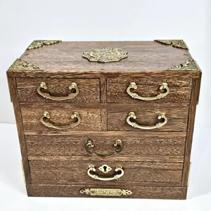 Vintage Wood Japanese Tansu Chest 4 Drawer Jewelry Box Ornate Brass Details - Picture 1 of 21