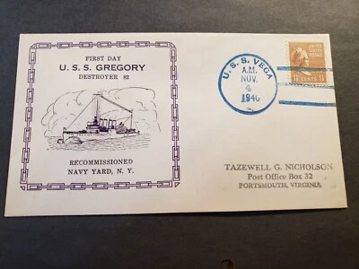 驱逐舰 USS GREGORY DD-82 海军封面 1940 年 RECOMMISSIONED Cachet USS VEGA — 第 1/2 张图片