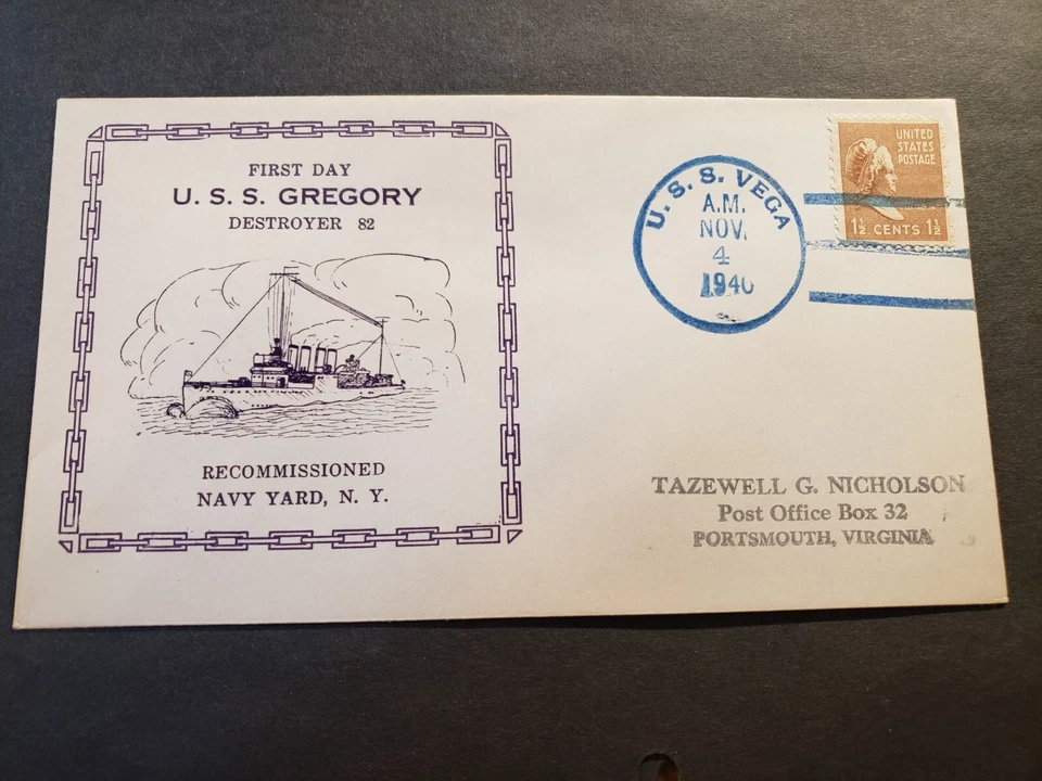 Destroyer USS GREGORY DD-82 Naval Cover 1940 RECOMMISSIONED Cachet USS VEGA - Image 1 of 2