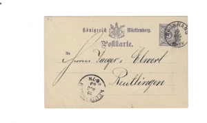 GERMANY (Wurttemberg) 1889 Post Card sent from Backnang to Reutlingen - Picture 1 of 2