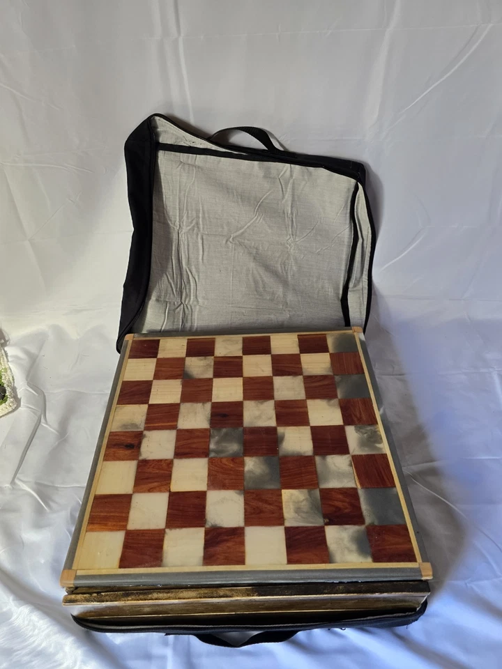 Wood and resin chess set with ceramic pieces. Red and white 18 by 18 inch board. - Image 1 of 4