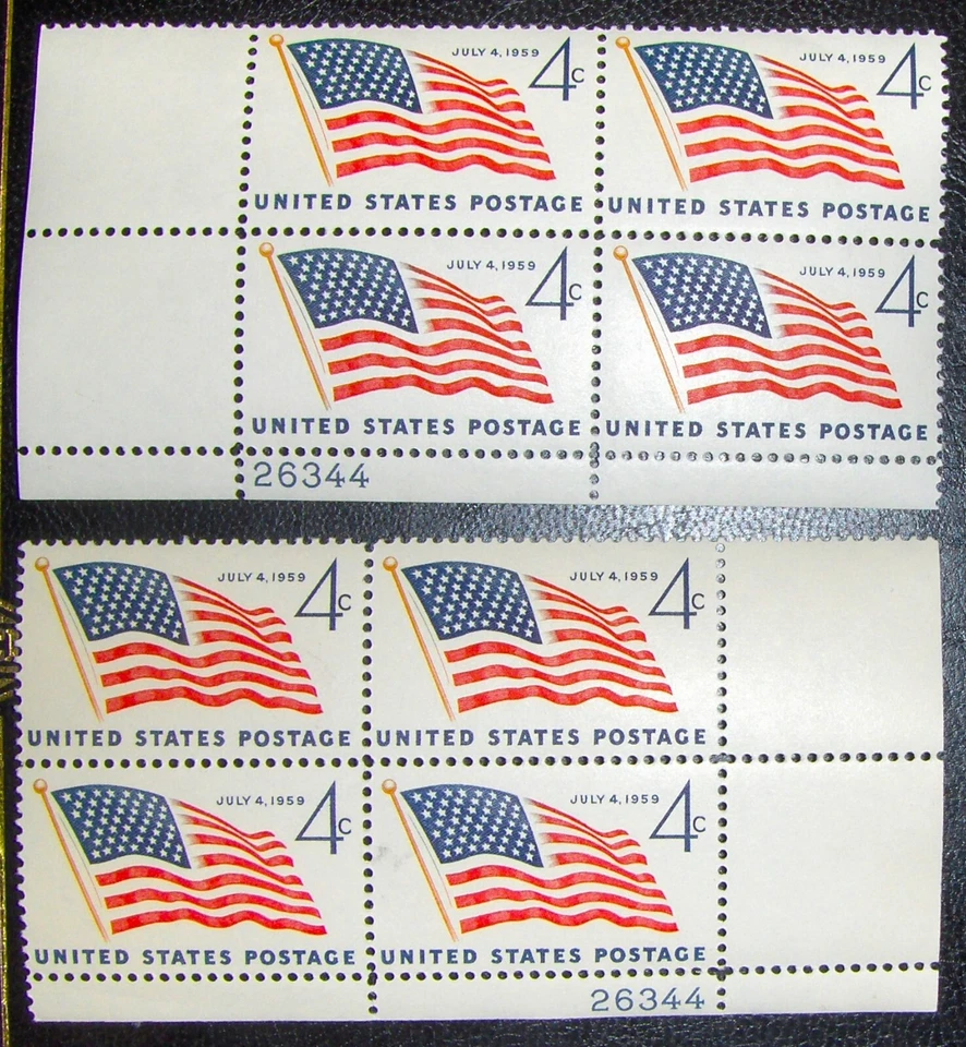 US 4¢ stamp SC #1132 July 4, US Flag 1959 MNH. 2 matching number plate blocks. - Image 1 of 1
