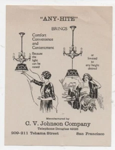 1910 Papierhandel Werbekarte für "Jeder Hite" verstellbare Kronleuchter SF CA - Bild 1 von 1