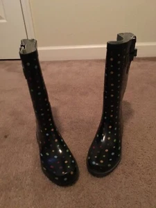 Merona Women's Polka Dot Rubber Rain Boots Outdoor Size 9 Black Multi-Color - Picture 1 of 10