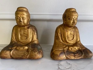 Pair of Vintage Gilded Cast Iron Asian Gold Buddha Statue Sculpture bookends - Picture 1 of 11