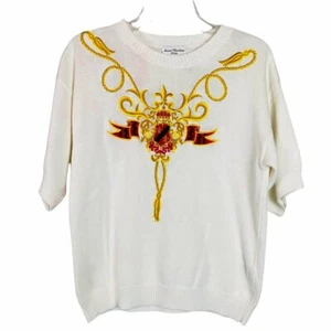 Vintage Marisa Christina Knit Sweater Royal Emblem Crest S White Short Sleeve - Picture 1 of 11