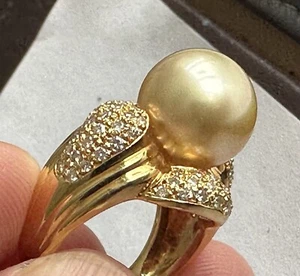An Immense 12mm Golden South Sea cultured pearl diamond 18k Ring - Picture 1 of 12