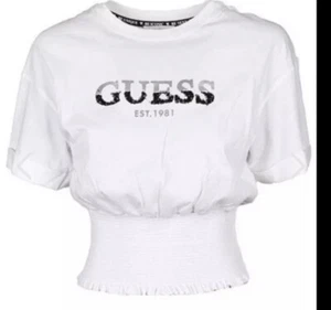 GUESS T-Shirt Damen Weiß Größe XS Crop Kurzarm Winnifred Neu ohne Etikett - Bild 1 von 6