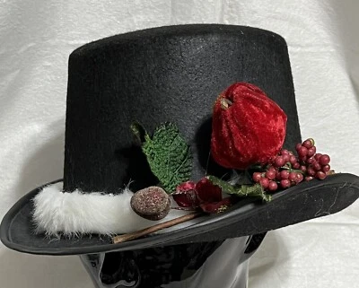 DISFRAZ DE VILLANCICO UNISEX DE VACACIONES SOMBRERO DE COPA NEGRO - PIEL SINTÉTICA BLANCA - BAYAS - NUEVO Foto 1 de 4