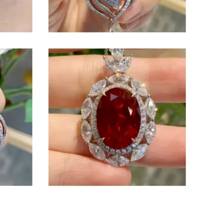 3.50Ct Oval Cut Natural Red Ruby Cocktail Pendant 14K White Gold Plated 18" Chai - Image 1 of 4