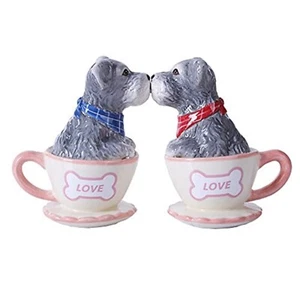 Schnauzer Dogs in Teacups Kissing Ceramic Magnetic Salt and Pepper Shaker Set - Picture 1 of 2