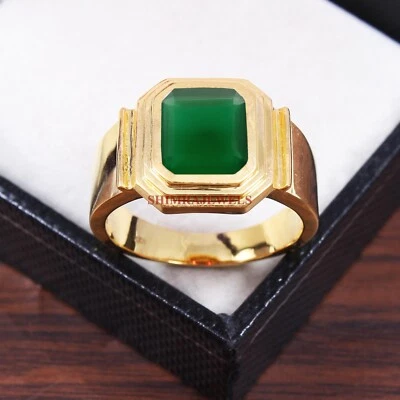 Piedra preciosa de ónix verde natural con anillo de plata enchapado en oro de 18k para hombre #1821 Foto 1 de 4