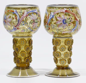 Harrach 2 COPAS SUNTUOSAS piezas brillantes romanas pintura esmaltada copa de vino alrededor de 1880+ - Imagen 1 de 18