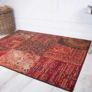 Traditional Patchwork Living Room Runner Rug Red Orange Quilt Block Large Small - Picture 1 of 12
