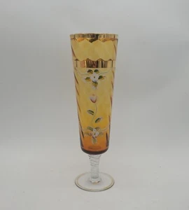 Vaso Pilsner Flauto Champagne Vetro Cristallo Ambra Ottico Smalto Oro Boemia Vintage - Foto 1 di 15