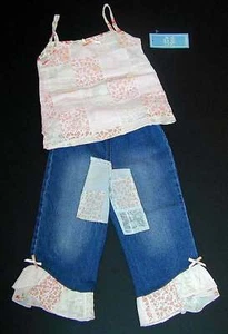 NWT LITTLE MASS Peaches & Cream Patchwork 3D Flower Top Ruffles Jeans 2pcSet 6x - Picture 1 of 1