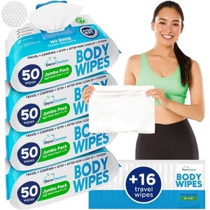 XL Body Wipes - (4 Pack) 200 Shower Wipes + 16 Travel Bath Sheets - 9" x 12" ... - Picture 1 of 9