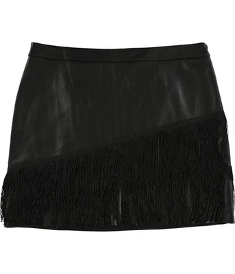 DKNY Womens Fringe Trim Faux Leather Mini Skirt, Black, 16 - Image 1 of 2