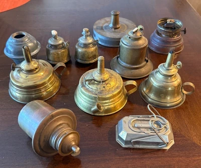 11 Unusual Antique Brass Tin Whale Oil Kerosene Finger Lamps Lot Most w Burners - Image 1 of 4