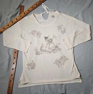 Camisa Disney Lauren Conrad Para Mujer XL Beige Bambi Gráfico Estampado Tejido Cuello Corbata - Imagen 1 de 14