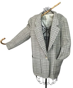 Vintage Adolfo Atelier Wool Blend Houndstooth Blazer Plaid Jacket Gray  Sz 10 - Picture 1 of 17