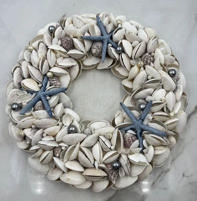 Corona de concha marina costera hecha a mano decoración náutica perlas de estrella de mar azul 16 pulgadas Doo Foto 1 de 4