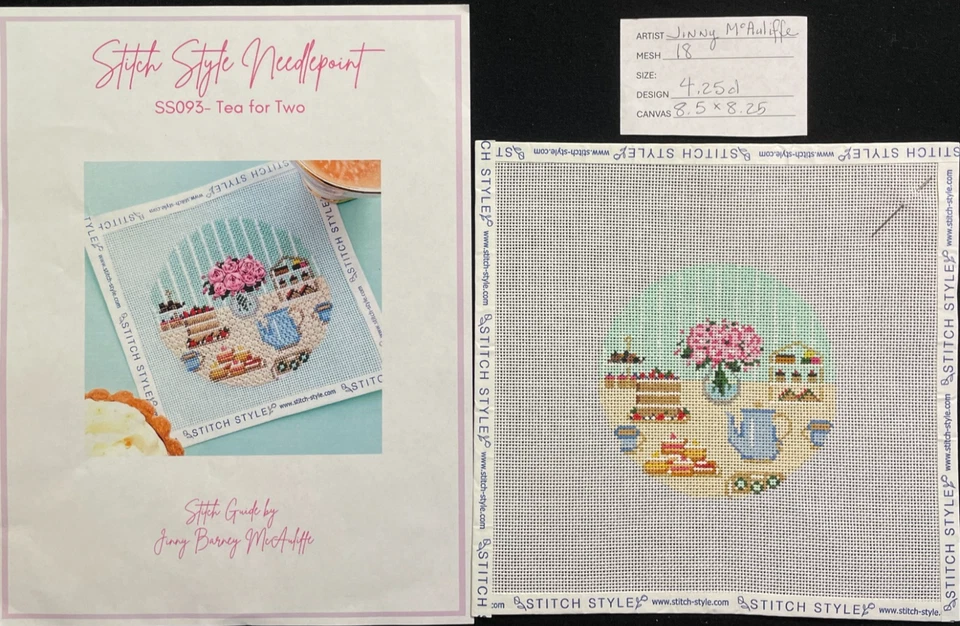 HP Needlepoint 18ct JINNY MCAULIFFE Blue & Yellow "Tea for Two" +Stch Guide-LP2 - Image 1 of 1