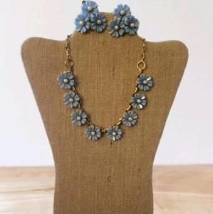 Vintage Set Of Blue & Faux Pearl Flowered Necklace Choker and Clip On Earrings - Picture 1 of 6