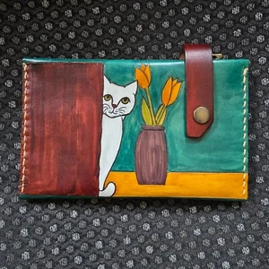 Handmade Multicolor Leather Wallet with a Painted Cat and Flower Design Unisex - Picture 1 of 8