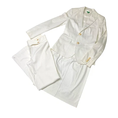 Benetton Mujer 3 Piezas Abrigo a Rayas Traje y Falda Pantalones Blancos Conjunto de Carrera Foto 1 de 4